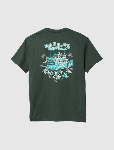 Dark green short sleeve t-shirt with cartoon van, palm trees, and 'Nike SB' graphic on back.