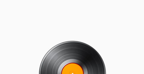Close-up of a black vinyl record with an orange label on a white background