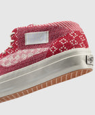 Red and mauve knit mid-top sneaker with white sole and Half Cab label detail