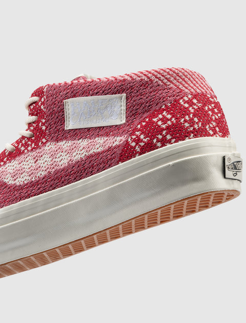 Red and mauve knit mid-top sneaker with white sole and Half Cab label detail