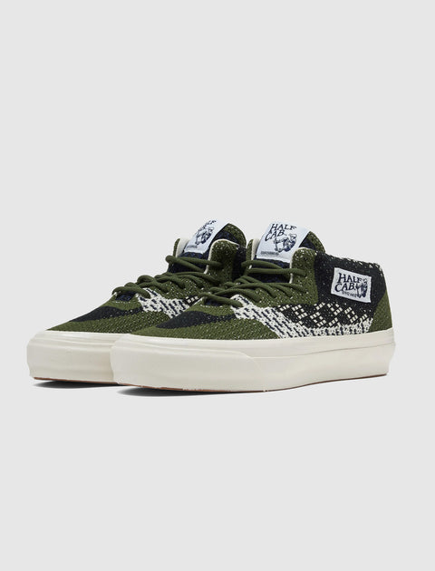 Green and white knit skate sneakers with geometric pattern and Half Cab label on side