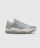 Grey athletic sneaker with textured sole and mesh upper, side profile on white background
