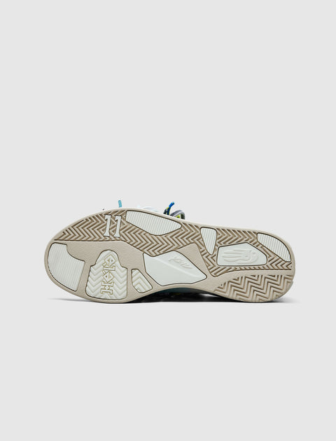 Outsole view of a grey, pink, and blue men's streetwear sneaker with tread details