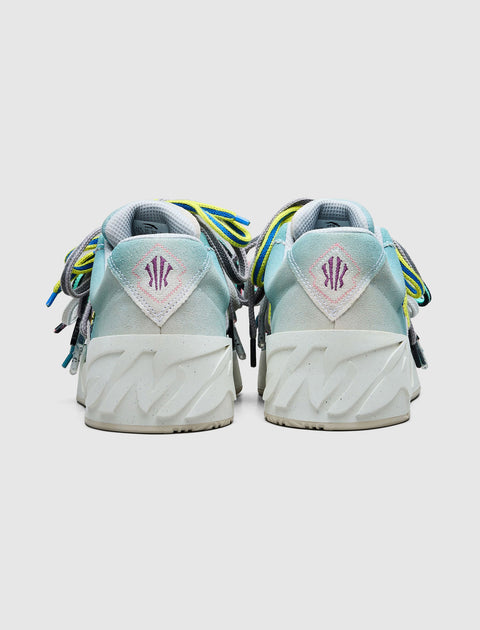 Back view of mint green and pastel blue men's sneakers with unique laces and patterned soles