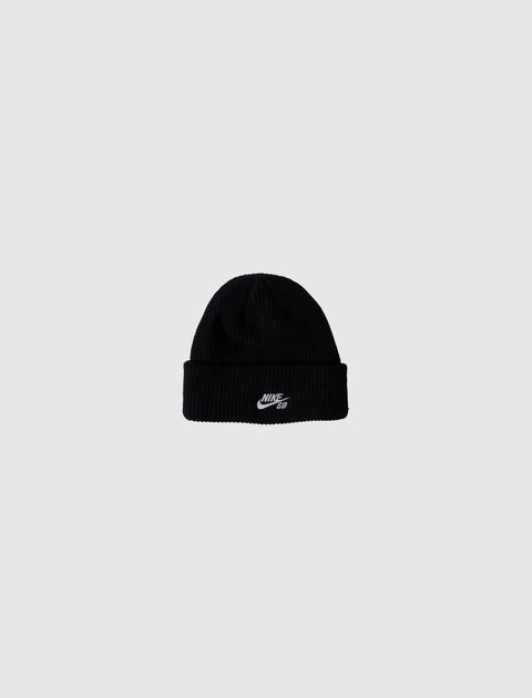 Black knit beanie with white embroidered Nike SB logo on front, streetwear accessory