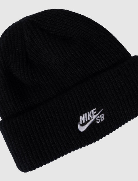 Black ribbed knit beanie with white Nike SB logo embroidery on the front fold