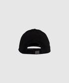 Back view of black adjustable streetwear cap on plain background