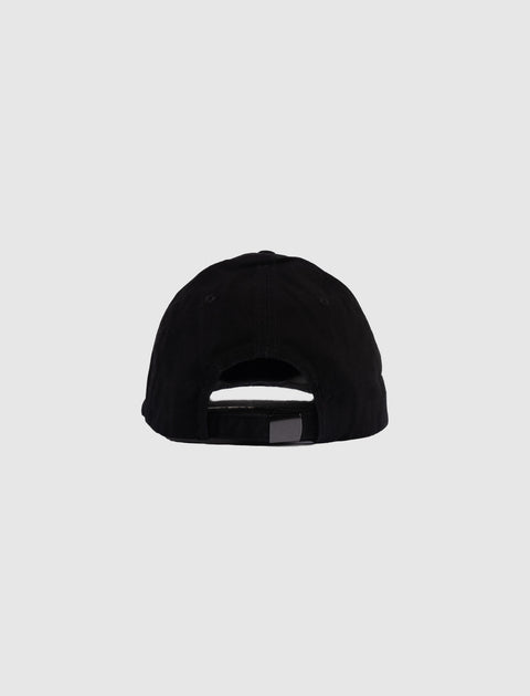 Back view of black adjustable streetwear cap on plain background