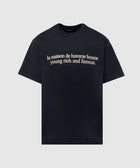 Black men's streetwear t-shirt with cream text reading 'la maison de homme femme young rich and famous.'