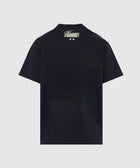 Black men's streetwear t-shirt with cream graphic lettering on the upper back