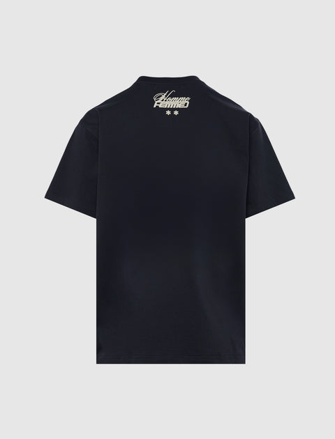 Black men's streetwear t-shirt with cream graphic lettering on the upper back