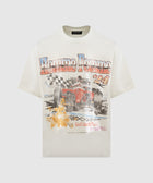 White streetwear t-shirt with vintage racing car, checkered flag, and floral graphic print.