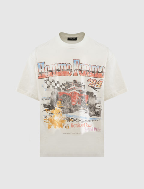White streetwear t-shirt with vintage racing car, checkered flag, and floral graphic print.