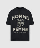 Black streetwear t-shirt with bold 'Homme Femme Paris' graphic and vintage lettering.