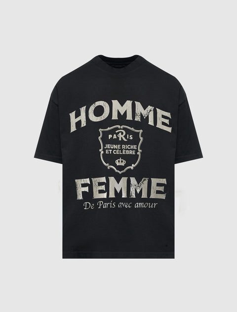Black streetwear t-shirt with bold 'Homme Femme Paris' graphic and vintage lettering.