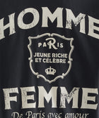 Black streetwear T-shirt with bold white Paris-inspired Homme Femme text and graphic print.
