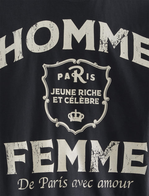 Black streetwear T-shirt with bold white Paris-inspired Homme Femme text and graphic print.