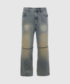 Men's stone wash straight leg denim jeans with faded knee panels and zip detail
