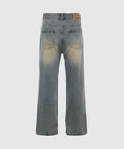 Back view of faded wide-leg denim jeans with rear pockets on white background