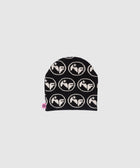 Black knit beanie with white circular logo pattern and a pink tag on the side.