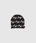 Black beanie with white circular logo pattern and small pink tag, streetwear accessory