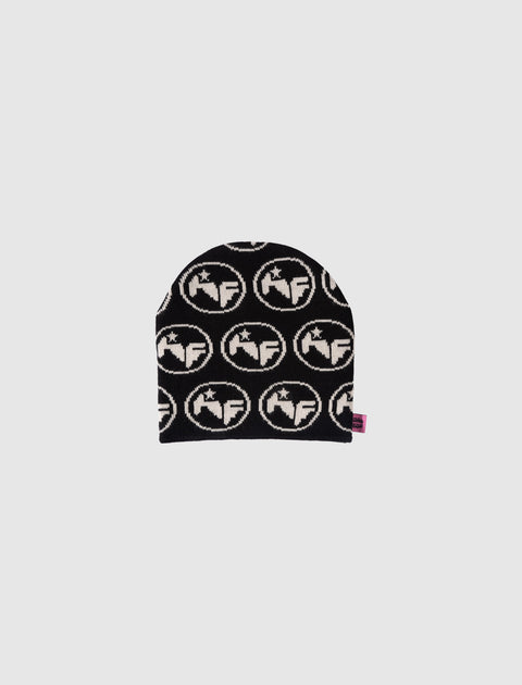 Black beanie with white circular logo pattern and small pink tag, streetwear accessory