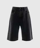 Black denim shorts with gold stud detailing on pockets and sides, streetwear style.