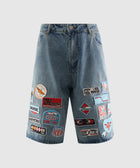 Men's denim shorts with multiple colorful embroidered patches, streetwear style