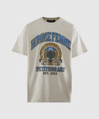 White streetwear T-shirt with 'Homme Femme' and 'Fictitious Art' graphic print on front