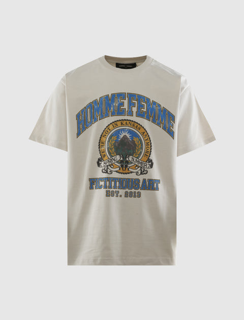White streetwear T-shirt with 'Homme Femme' and 'Fictitious Art' graphic print on front