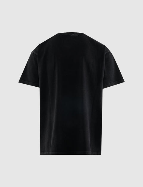 Back view of a plain black men's streetwear t-shirt on a light gray background