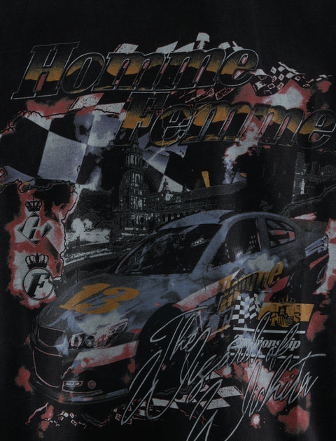 Graphic print of a race car, checkered flags, and cityscape on a black streetwear top