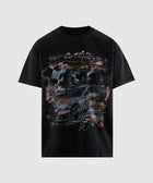 Black streetwear t-shirt with bold racing graphic, car print, and Homme Femme text on front