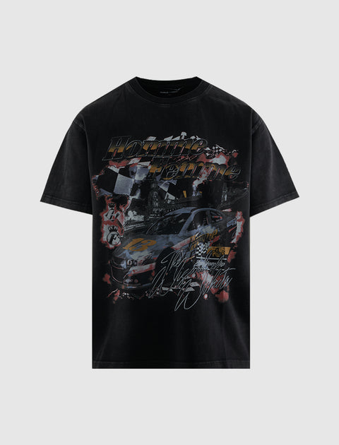Black streetwear t-shirt with bold racing graphic, car print, and Homme Femme text on front