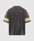 Back of a black washed streetwear T-shirt with yellow and white striped sleeves