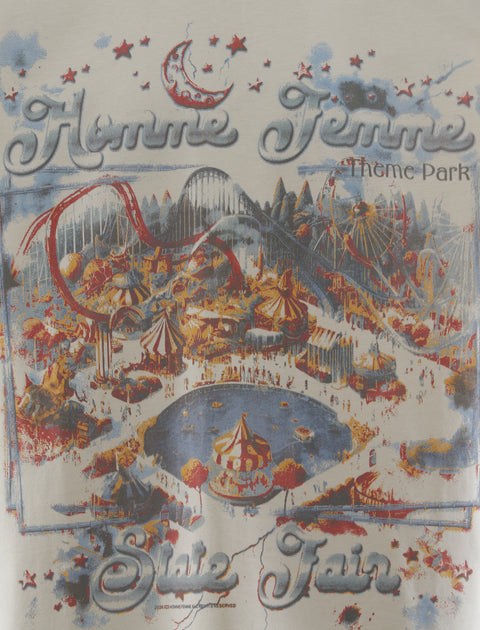Graphic print tee with theme park and state fair illustration, roller coaster, tents, stars