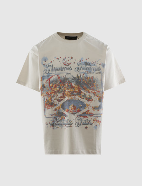 White streetwear t-shirt with colorful theme park graphic and state fair text on front