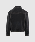Back view of black denim jacket with metallic stud detailing on seams and cuffs