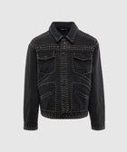 Black studded denim jacket with button front and chest pockets on white background
