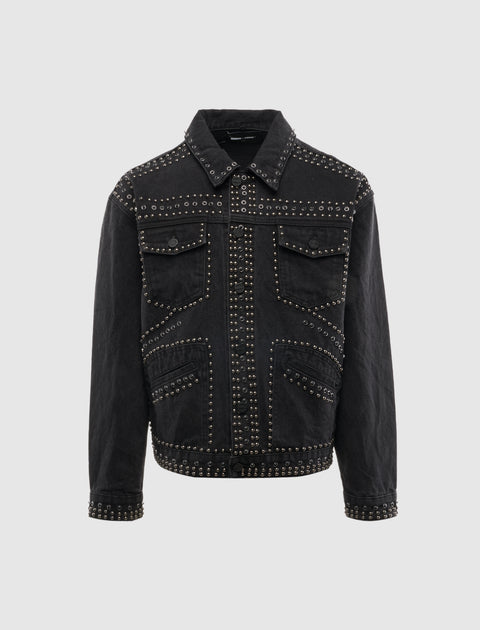 Black studded denim jacket with button front and chest pockets on white background