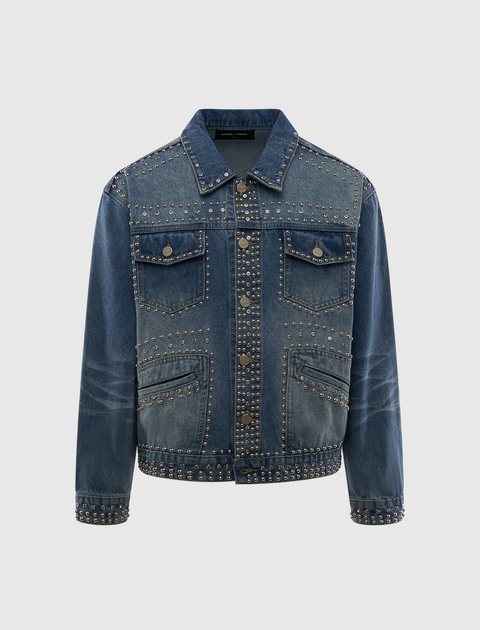 Men's blue denim jacket with silver stud embellishments and front pockets