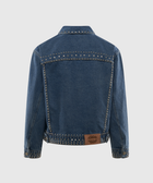 Back view of blue denim jacket with metal stud details and leather patch on waistband.