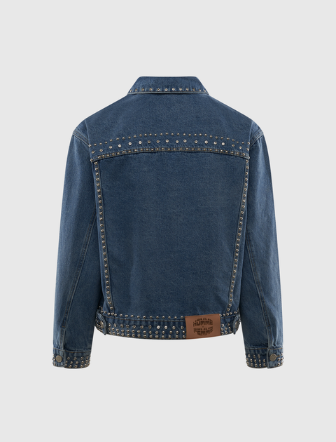 Back view of blue denim jacket with metal stud details and leather patch on waistband.