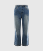 Men's blue studded straight-leg jeans with faded wash and metallic rivet detailing