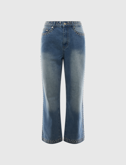 Men's blue studded straight-leg jeans with faded wash and metallic rivet detailing