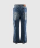 Back view of blue denim jeans with silver stud embellishments on waistband, side seams, and cuffs