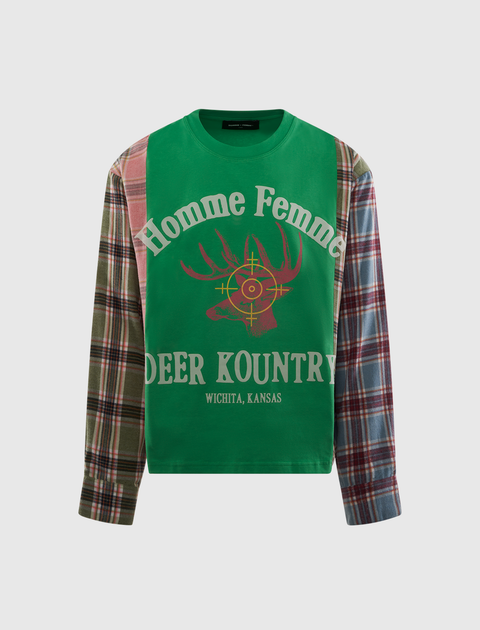 Green streetwear crewneck with mixed plaid sleeves, deer graphic and bold text on front