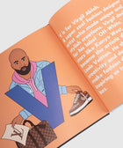 Open illustrated children’s book page with man holding designer sneaker and luxury bag, letter V prominent