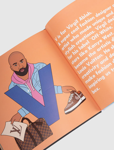 Open illustrated children’s book page with man holding designer sneaker and luxury bag, letter V prominent