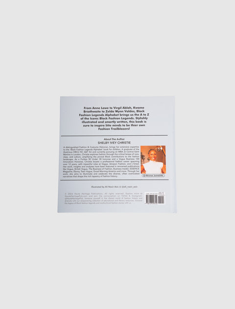Back cover of Black Fashion Legends Alphabet book with author bio and summary text